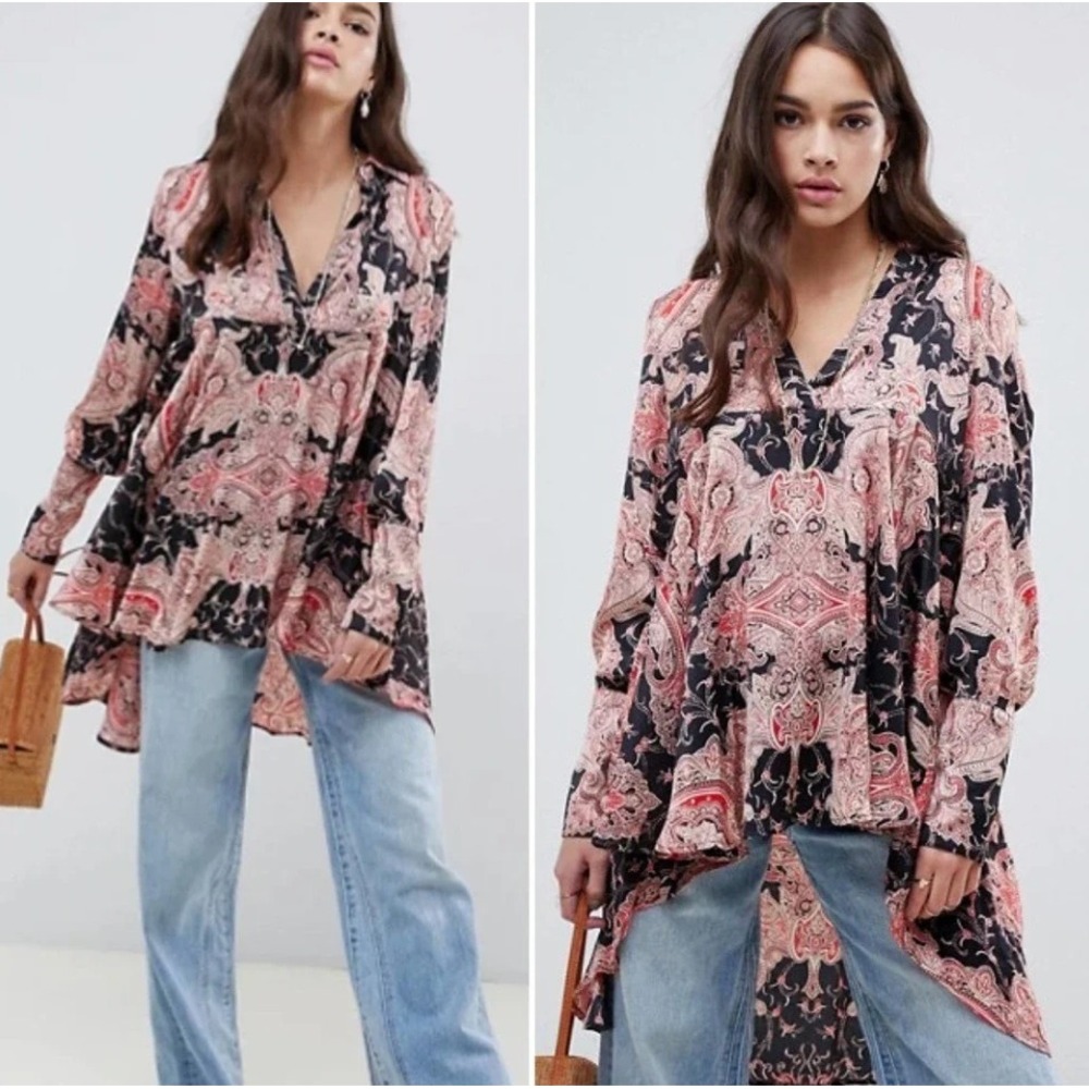 Free People Field Of Butterflies Tunic Size M Paisley Top Long Sleeve High Low